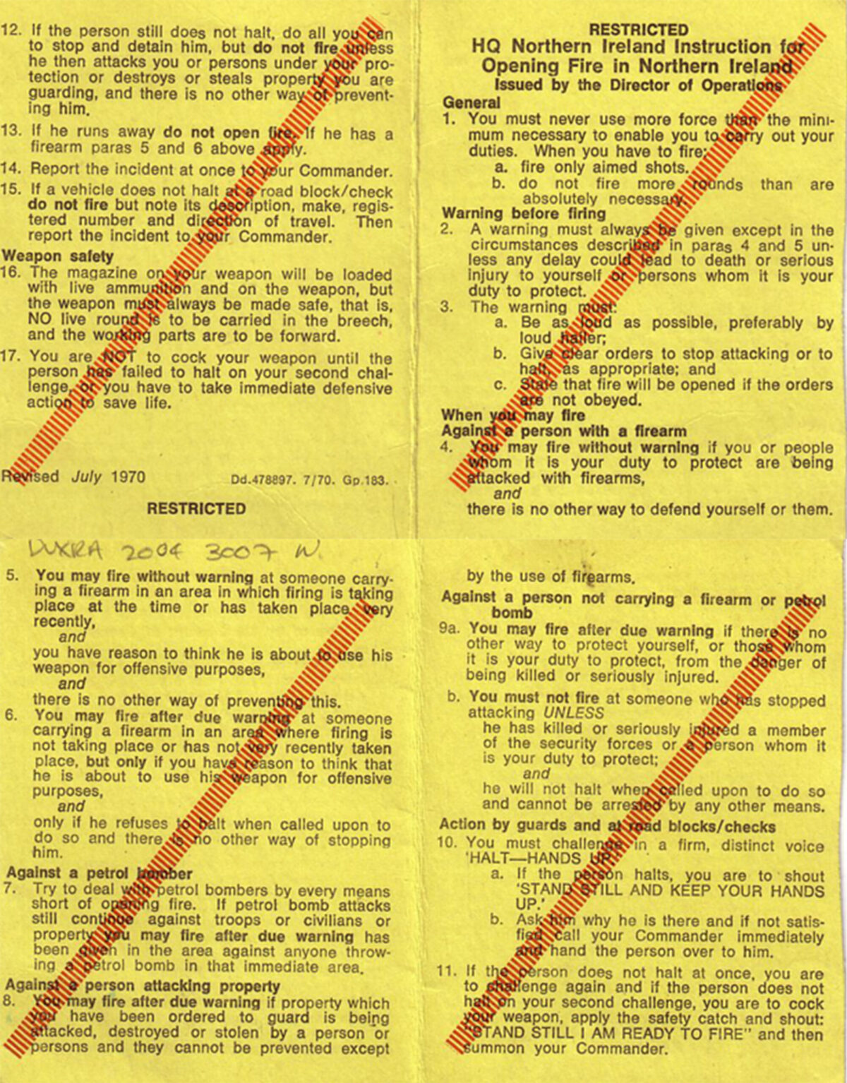 British Army Headquarters Northern Ireland instructions for opening fire published in 1970. British Army Headquarters Northern Ireland instructions for opening fire published in 1970.