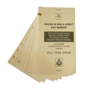 Loose leaf aide-Memoire on safe driving issued to drivers and vehicle commanders in Iraq and Kuwait.