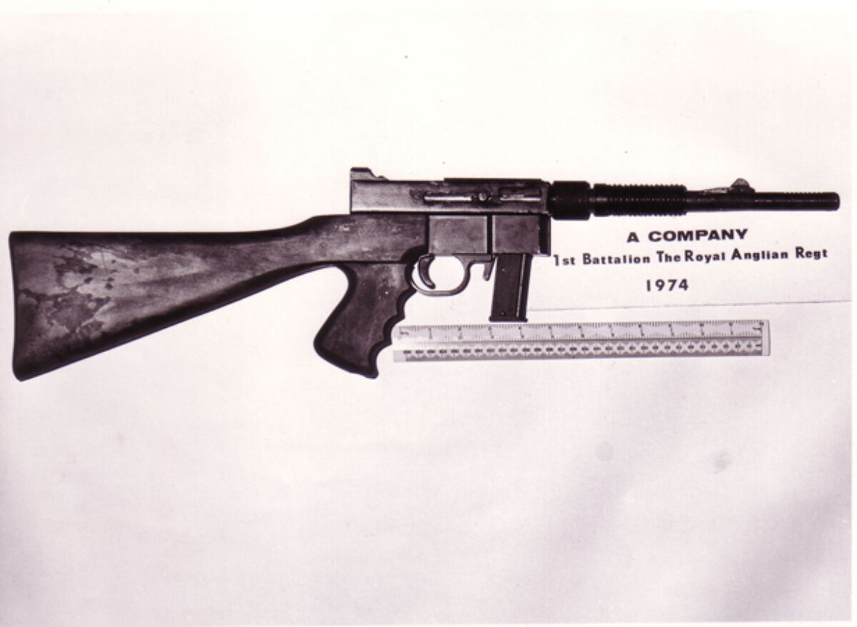 Weapons confiscated in Northern Ireland by A Company 1st Battalion, Royal Anglian Regiment in 1974. Weapons confiscated in Northern Ireland by A Company 1st Battalion, Royal Anglian Regiment in 1974.