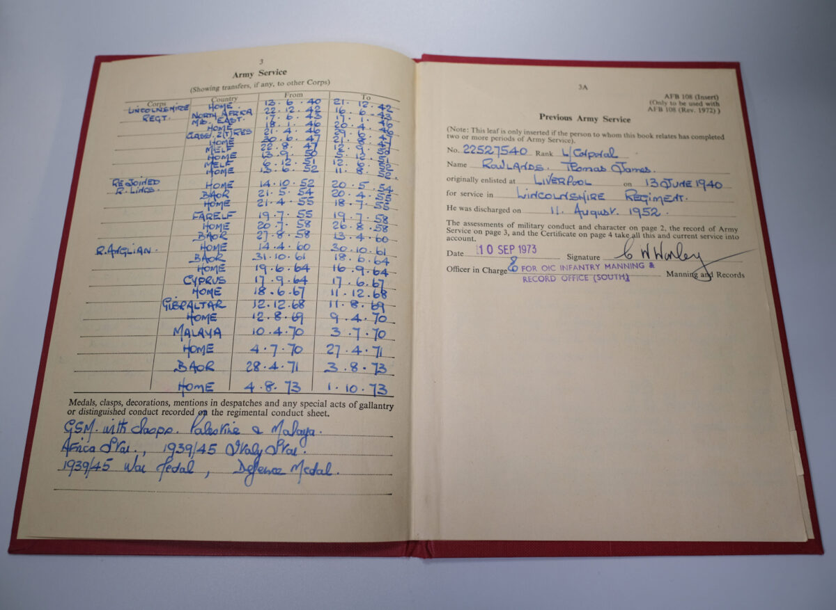 Army record book Lance Corporal Thomas James Rowland Royal Anglian Regiment