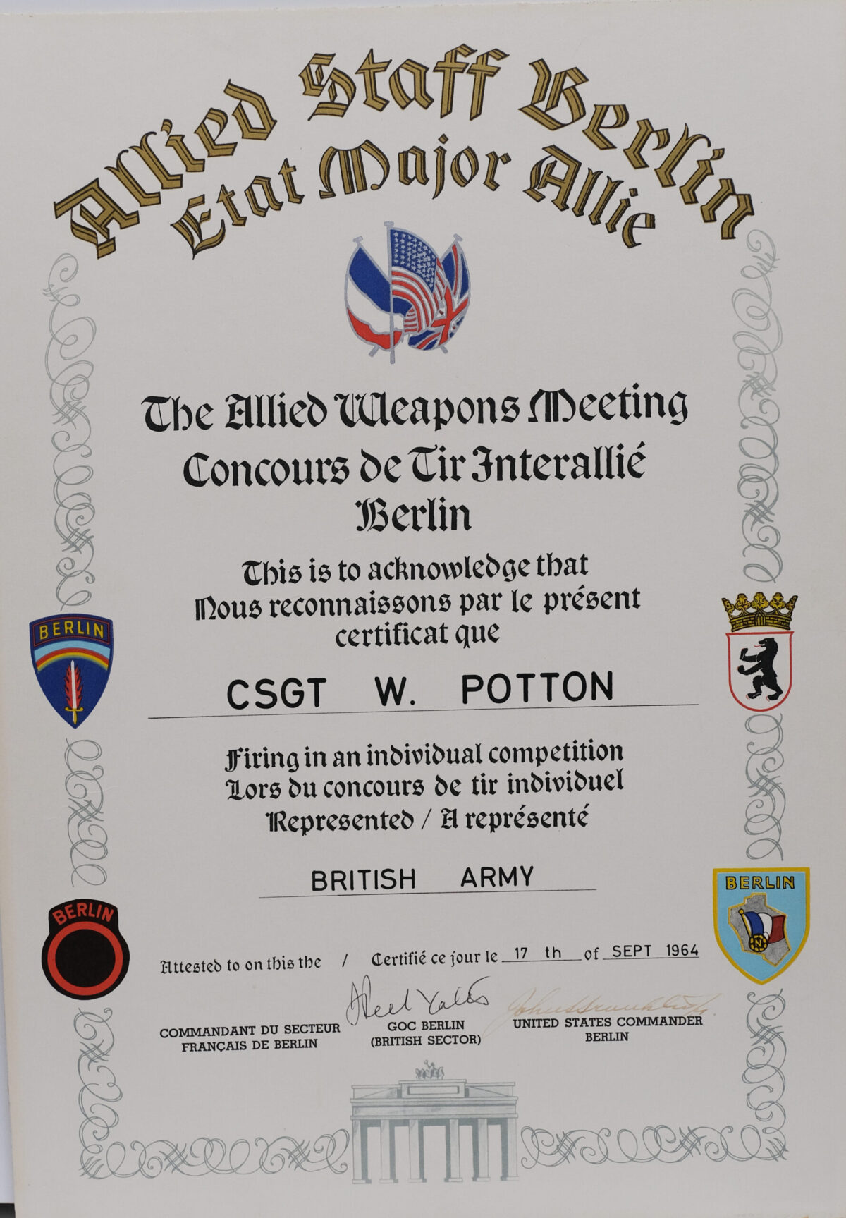 Allied Staff Weapons Meeting Concours De Dir Internallie Berlin - CSGT Cotton - 17 Sept 1964 Allied Staff Weapons Meeting Concours De Dir Internallie Berlin - CSGT Cotton - 17 Sept 1964