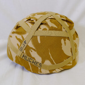 British Army issued helmet from IRAQ war Operation Telic with cover with name of Hughes 478