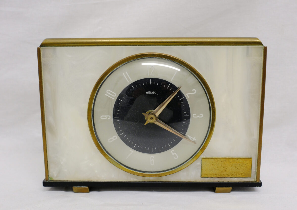 Presentation clock to Colour Sergeant Cault from the Warrant Officers' and Sergeants' Mess 1st Battalion Royal Anglian Regiment 1970. Made by Metamec. Presentation clock to Colour Sergeant Cault from the Warrant Officers' and Sergeants' Mess 1st Battalion Royal Anglian Regiment 1970. Made by Metamec.