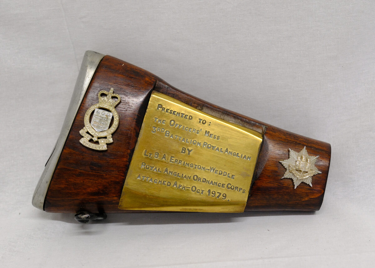 Royal Anglian Regiment Presentation item - Rifle Butt. Presented by Lieutenant B A Errington-Weddle RAOC 1979 Royal Anglian Regiment Presentation item - Rifle Butt. Presented by Lieutenant B A Errington-Weddle RAOC 1979