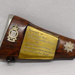 Royal Anglian Regiment Presentation item - Rifle Butt. Presented by Lieutenant B A Errington-Weddle RAOC 1979