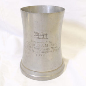 Pewter presentation mug. Presented to Colour Sergeant D A Maher in 1970 by the Sergeants' Mess. 4th Battalion Royal Anglian Regiment Pewter presentation mug. Presented to Colour Sergeant D A Maher in 1970 by the Sergeants' Mess. 4th Battalion Royal Anglian Regiment