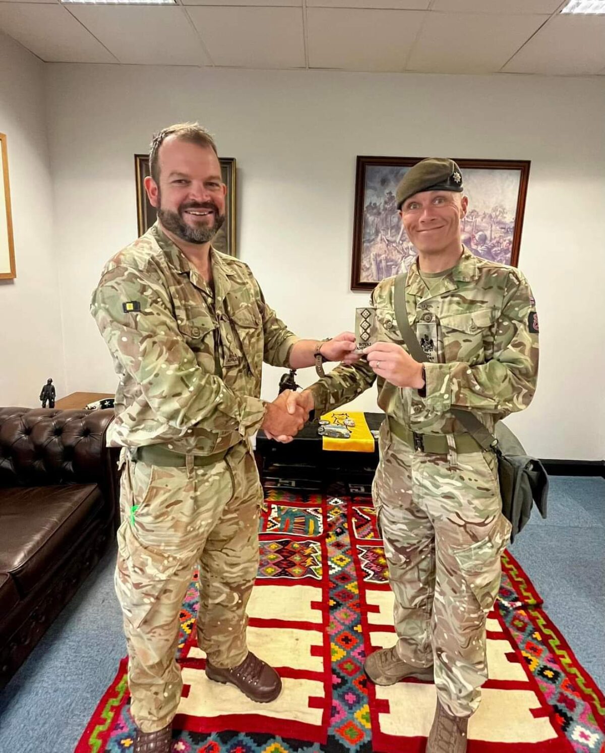 2nd Battalion Royal Anglian Regiment Commanding Officer presents the outgoing RSM with his Captain`s rank slide June 2024 2nd Battalion Royal Anglian Regiment Commanding Officer presents the outgoing RSM with his Captain`s rank slide June 2024