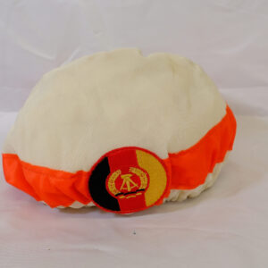 White cap with orange band and logo