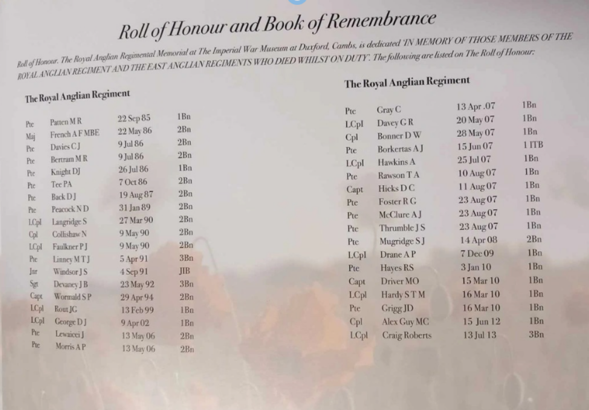 Royal Anglian Royal Anglian Museum - The Poachers home coming parade roll of honour Royal Anglian Royal Anglian Museum - The Poachers home coming parade roll of honour
