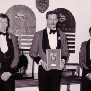 Warrant Officer Class One (RSM) D Whitehead, Sergeant Brazier and Sergeant Hoyles from the 2nd Battalion, Royal Anglian Regiment, seen here in Mess Dress in 1985.