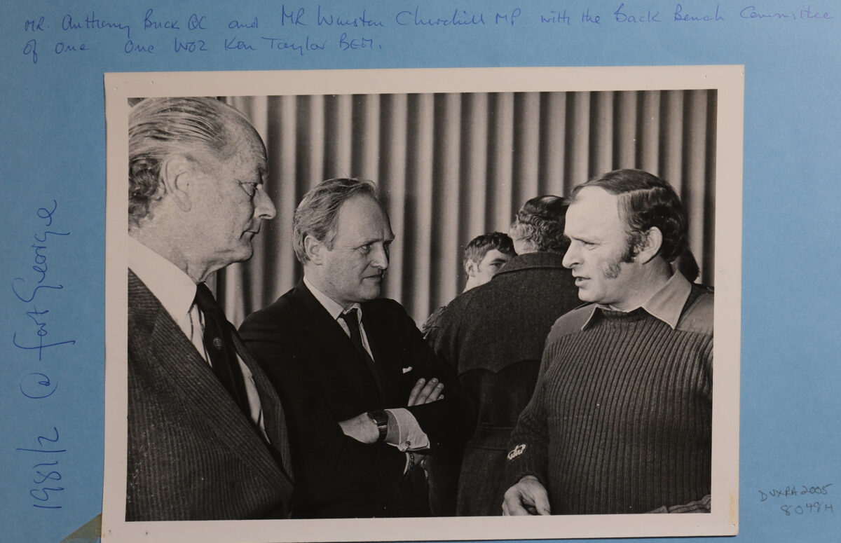 Mr Anthony Buck QC and Mr Winston Churchill MP and WO2 Ken Taylor BEM 1981 Fort George Mr Anthony Buck QC and Mr Winston Churchill MP and WO2 Ken Taylor BEM 1981 Fort George
