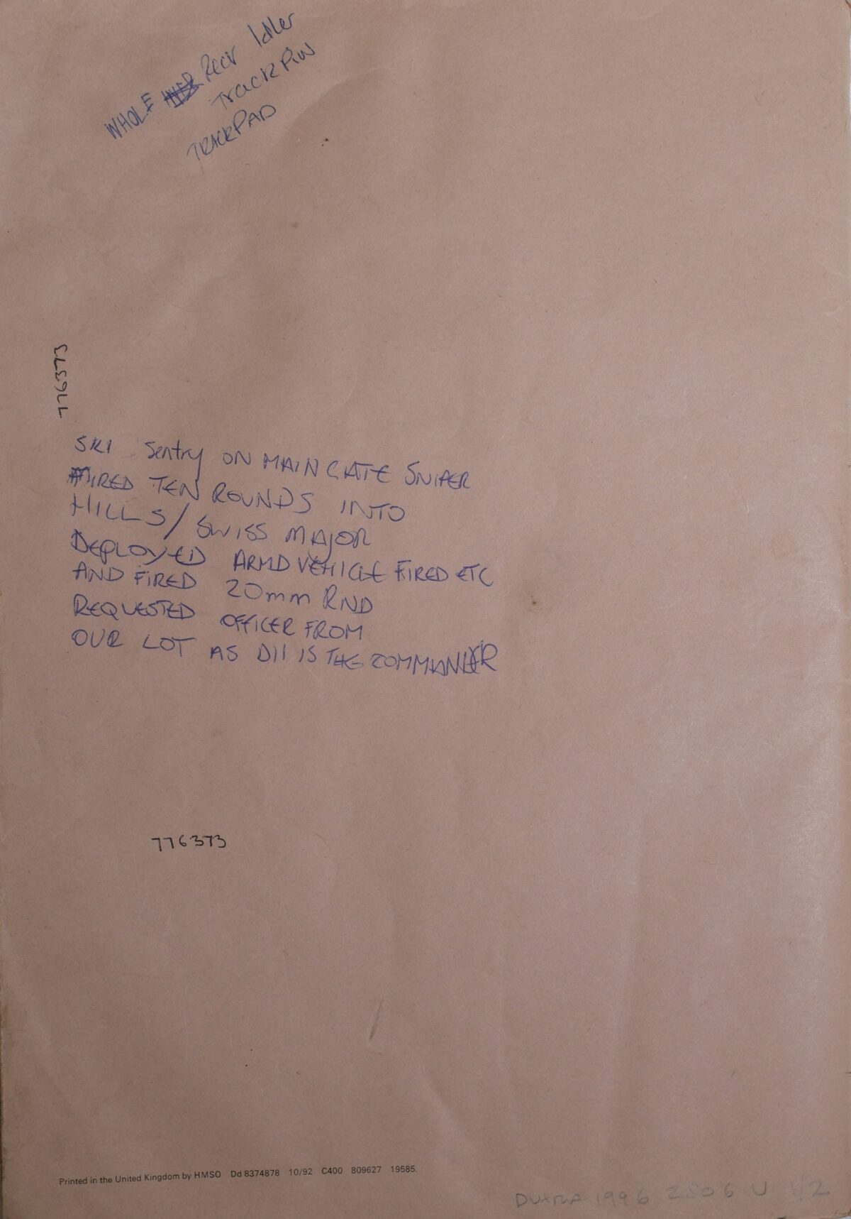 Radio Operators Log Bosnia dated 27 January 1994 2nd Battalion Royal Anglian Regiment Radio Operators Log Bosnia dated 27 January 1994 2nd Battalion Royal Anglian Regiment