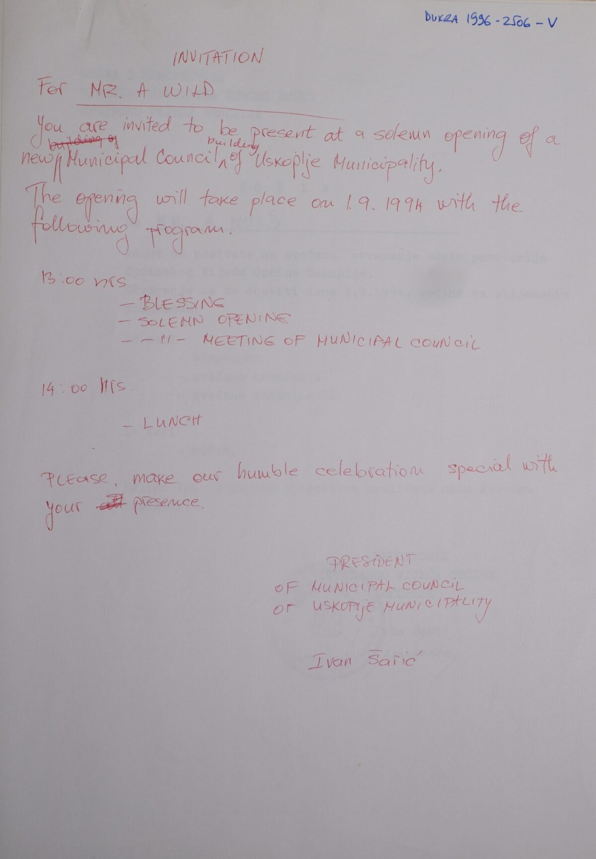 Translation handwritten of invite to Mr A Wild to attend Bosnian event dated 1 September 1994 in Bosnian Translation handwritten of invite to Mr A Wild to attend Bosnian event dated 1 September 1994 in Bosnian