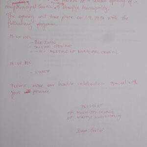Translation handwritten of invite to Mr A Wild to attend Bosnian event dated 1 September 1994 in Bosnian