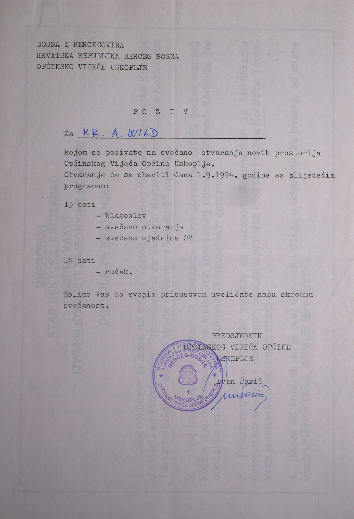 Bosnian Letter dated 1 September 1994 Bosnian Letter dated 1 September 1994