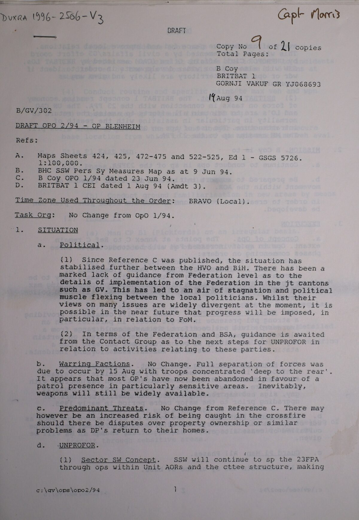 Draft Op Order 2/94 - Operation BLENHIEM 19 August 94 Draft Op Order 2/94 - Operation BLENHIEM 19 August 94