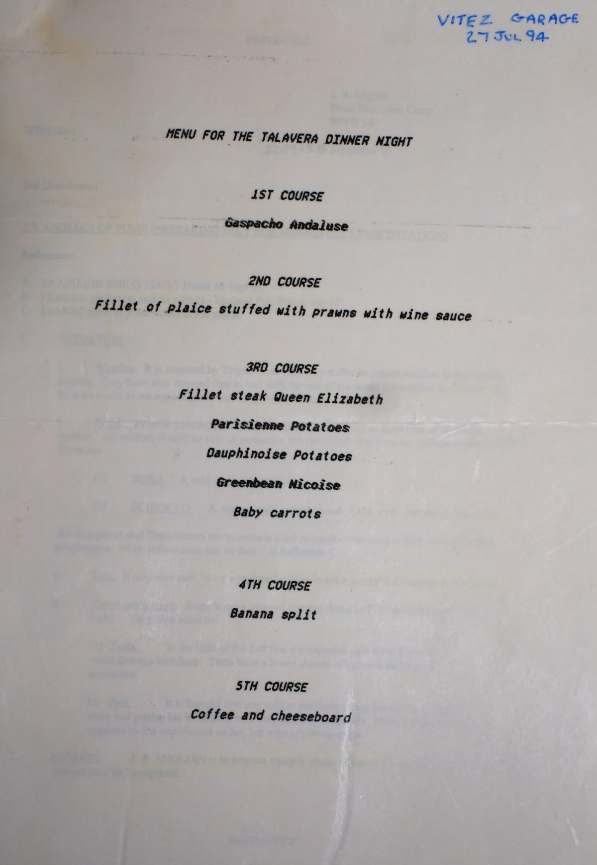 Menu for the Talavera Dinner Night 27 July 1994, 2nd Battalion Royal Anglian Regiment Menu for the Talavera Dinner Night 27 July 1994, 2nd Battalion Royal Anglian Regiment
