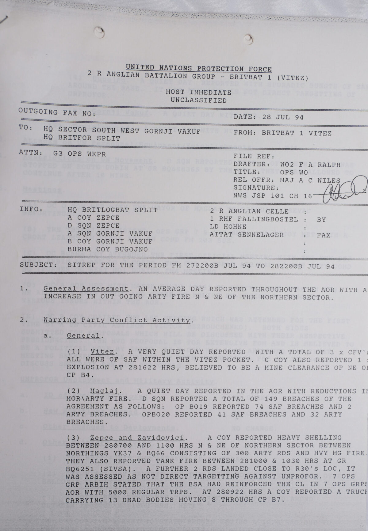 UN Protection Force BRITBAT Vitez Sitrep Military Force Summary document 1994 UN Protection Force BRITBAT Vitez Sitrep Military Force Summary document 1994