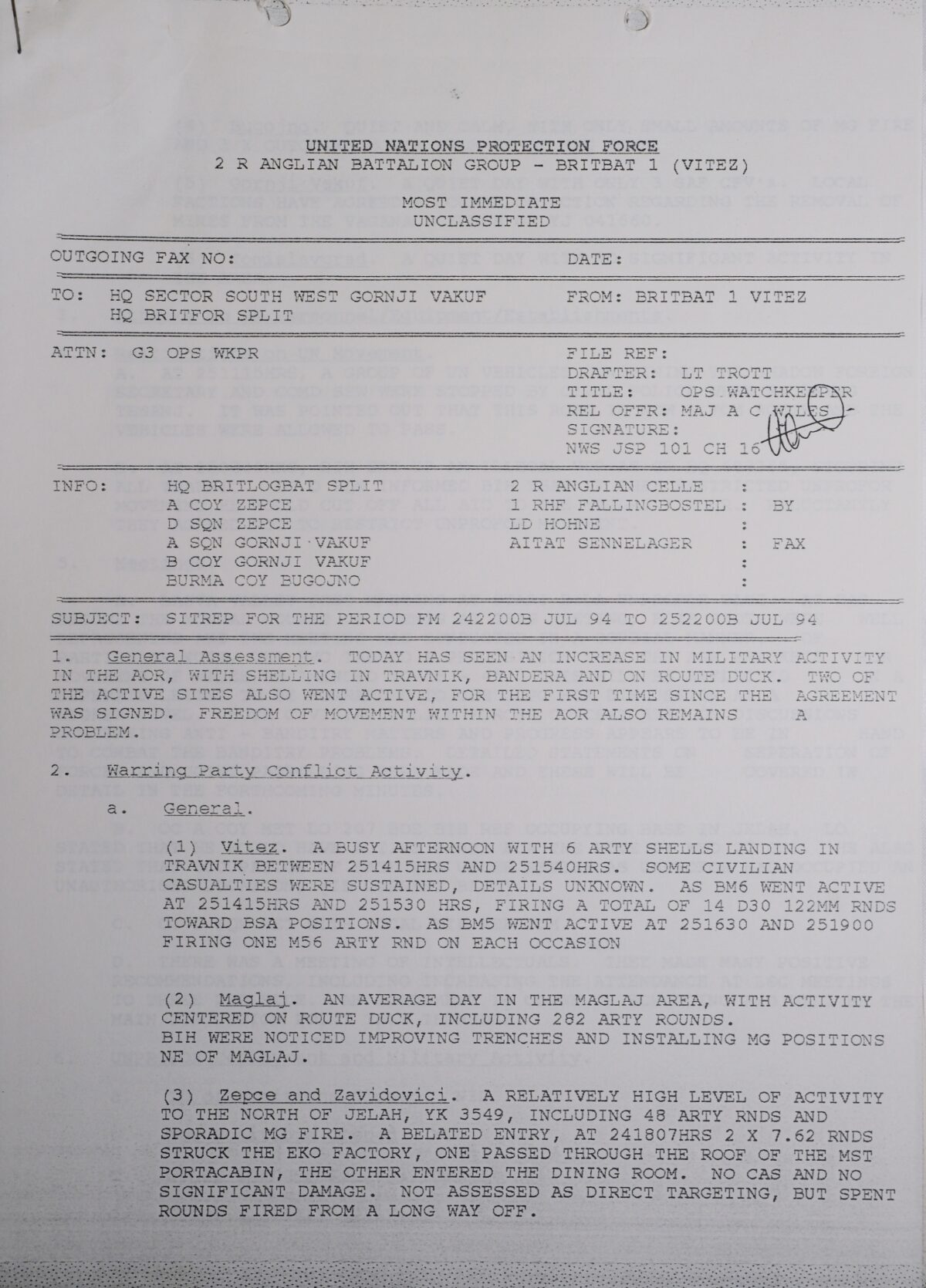 UN Protection Force BRITBAT VITEZ Sitrep Military Force Summary document 1994 UN Protection Force BRITBAT VITEZ Sitrep Military Force Summary document 1994
