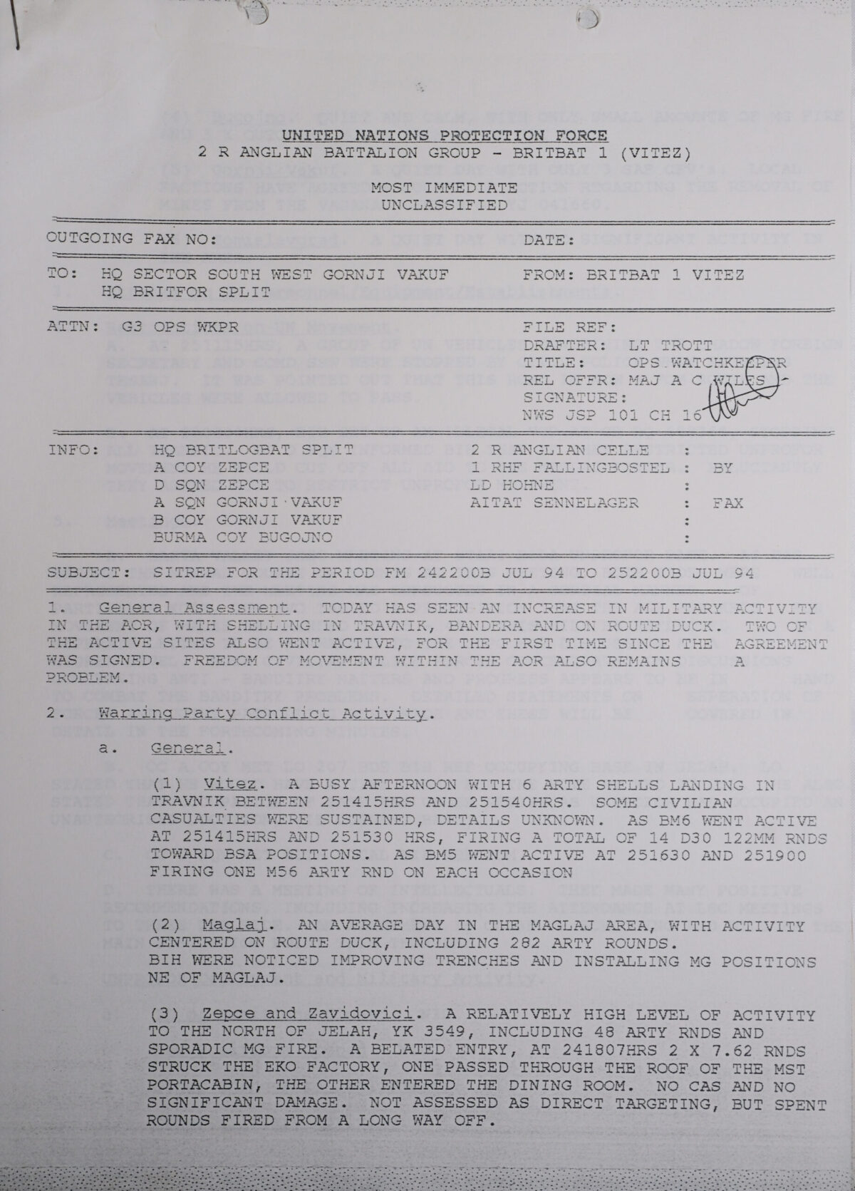 UN Protection Force BRITBAT Vitez Sitrep Military Force Summary document 1994