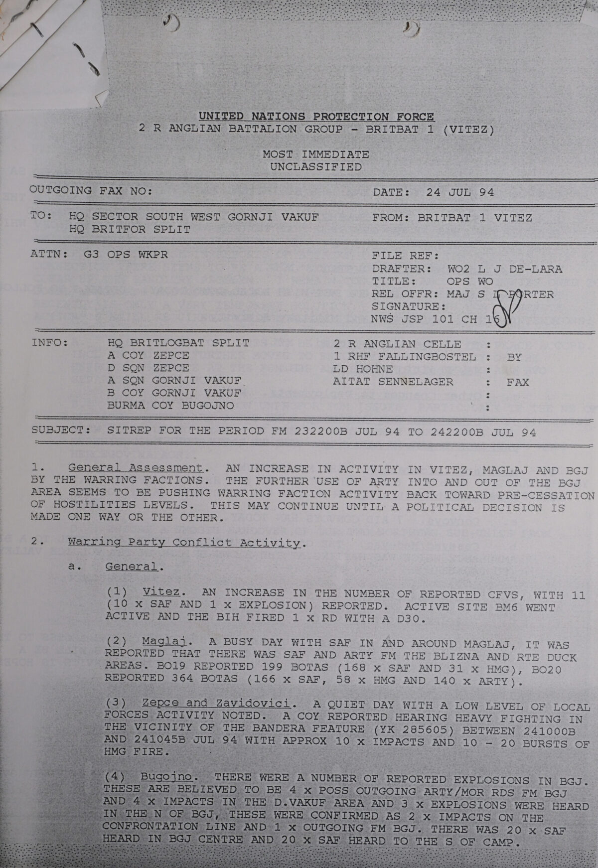 UN Protection Force BRITBAT Vitez Sitrep Military Force Summary document 1994 UN Protection Force BRITBAT Vitez Sitrep Military Force Summary document 1994