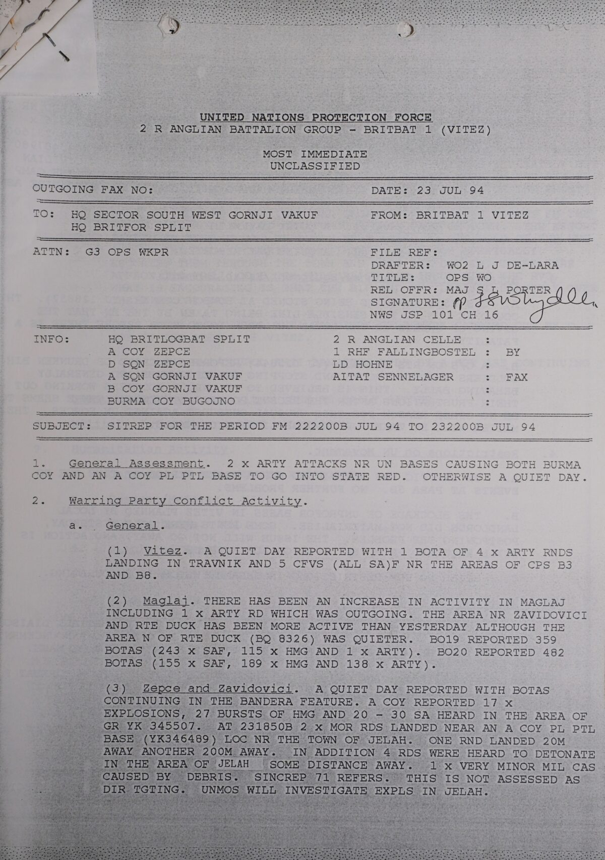 UN Protection Force BRITBAT VITEZ Sitrep Military Force Summary document 1994 UN Protection Force BRITBAT VITEZ Sitrep Military Force Summary document 1994