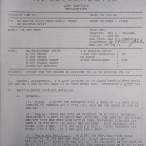 UN Protection Force BRITBAT VITEZ Sitrep Military Force Summary document 1994