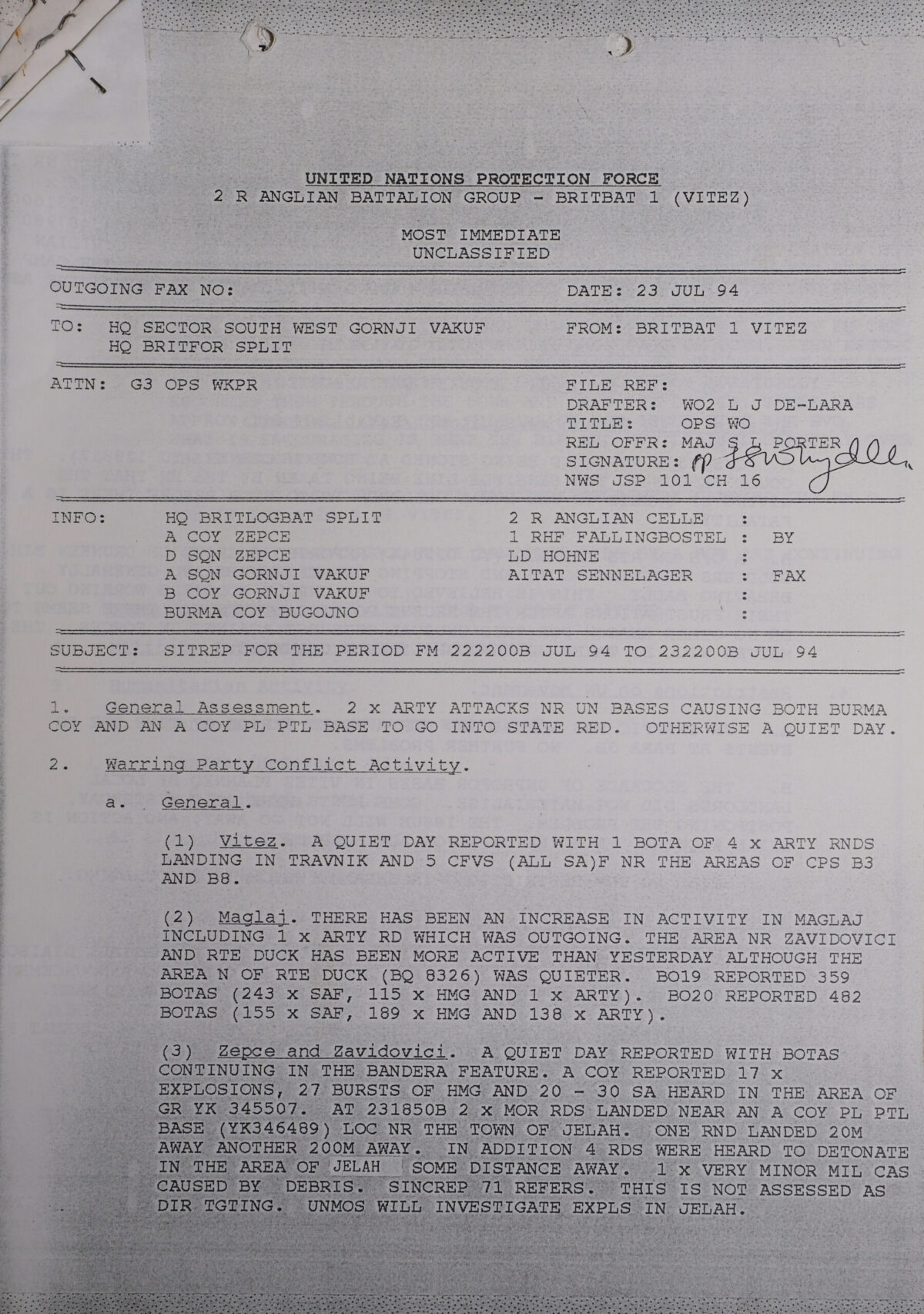 UN Protection Force BRITBAT Vitez Sitrep Military Force Summary document 1994 UN Protection Force BRITBAT Vitez Sitrep Military Force Summary document 1994