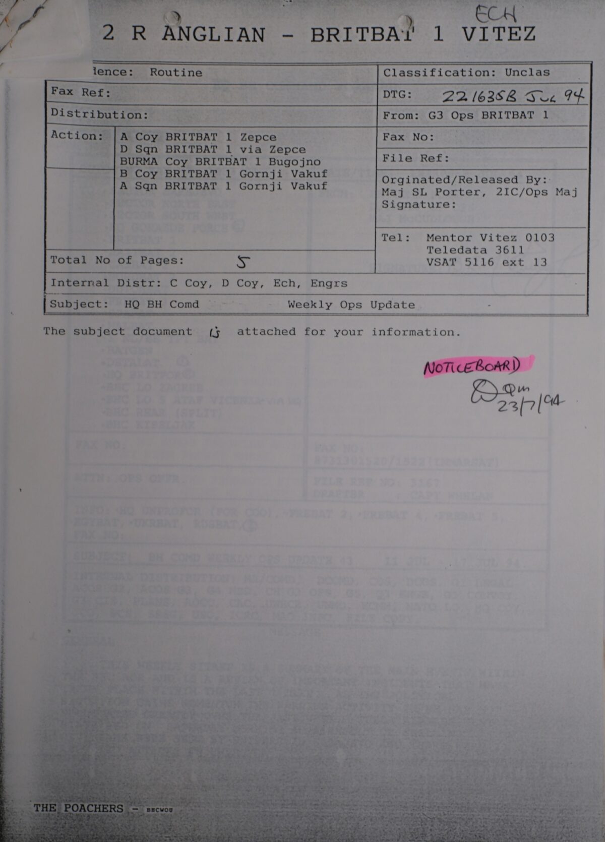 UN Protection Force BRITBAT VITEZ Sitrep Military Force Summary document 1994 UN Protection Force BRITBAT VITEZ Sitrep Military Force Summary document 1994