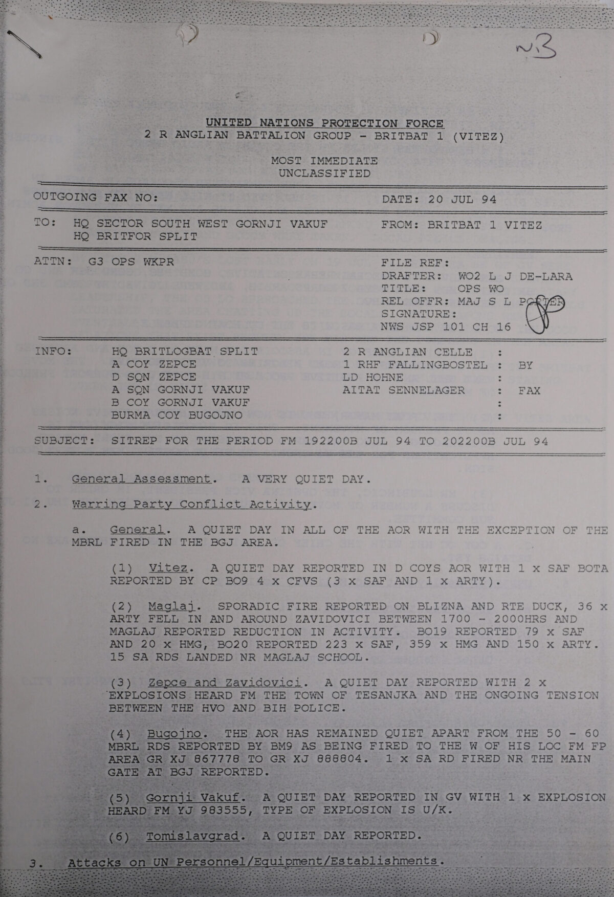 UN Protection Force BRITBAT Vitez Sitrep Military Force Summary document 1994 UN Protection Force BRITBAT Vitez Sitrep Military Force Summary document 1994