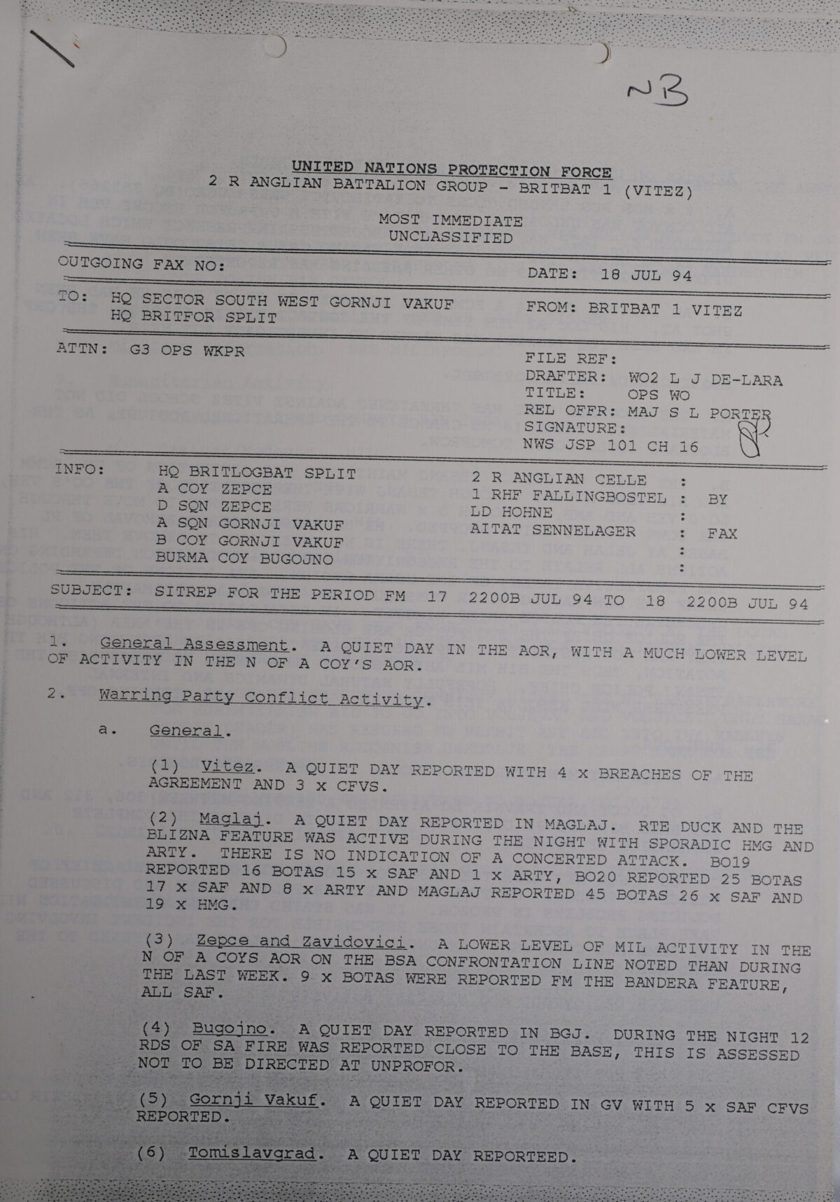 UN Protection Force BRITBAT Vitez Sitrep Military Force Summary document 1994 UN Protection Force BRITBAT Vitez Sitrep Military Force Summary document 1994