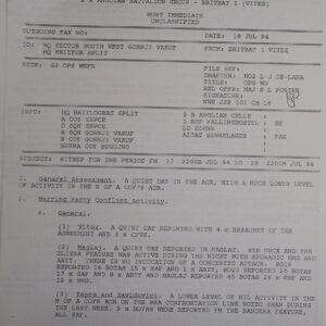 UN Protection Force BRITBAT Vitez Sitrep Military Force Summary document 1994