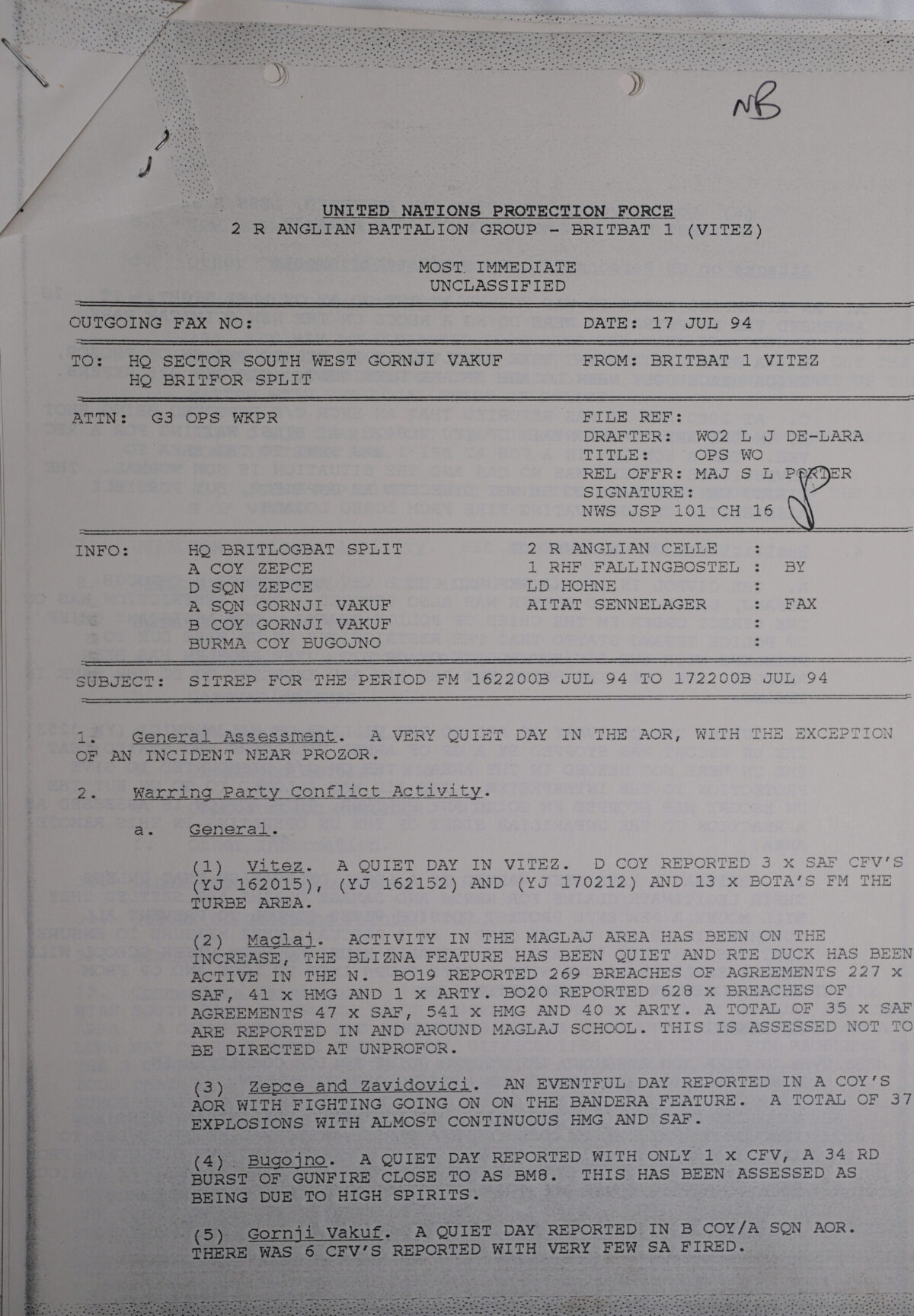 UN Protection Force BRITBAT Vitez Sitrep Military Force Summary document 1994 UN Protection Force BRITBAT Vitez Sitrep Military Force Summary document 1994