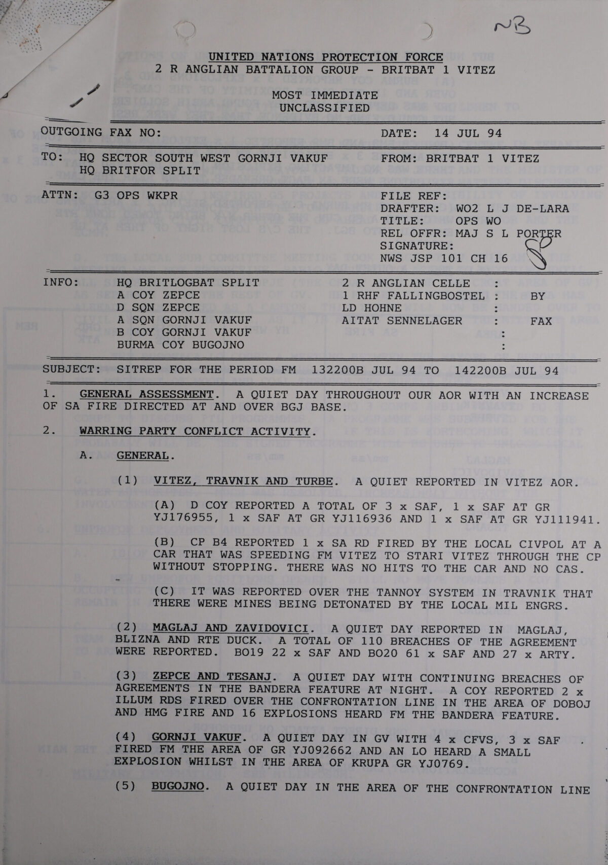 UN Protection Force BRITBAT Vitez Sitrep Military Force Summary document 1994 UN Protection Force BRITBAT Vitez Sitrep Military Force Summary document 1994