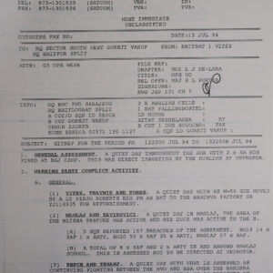 UN Protection Force BRITBAT Vitez Sitrep Military Force Summary document 1994