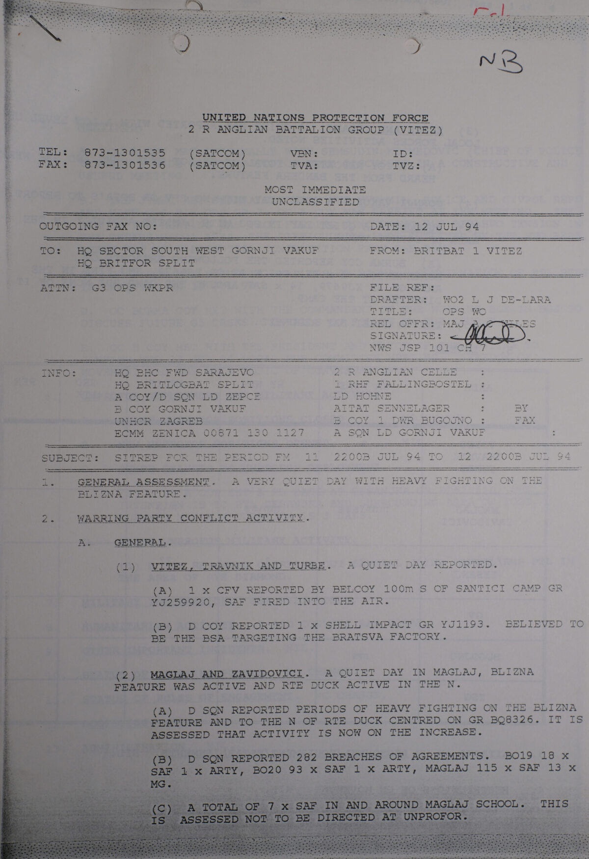 UN Protection Force BRITBAT Vitez Sitrep Military Force Summary document 1994 UN Protection Force BRITBAT Vitez Sitrep Military Force Summary document 1994