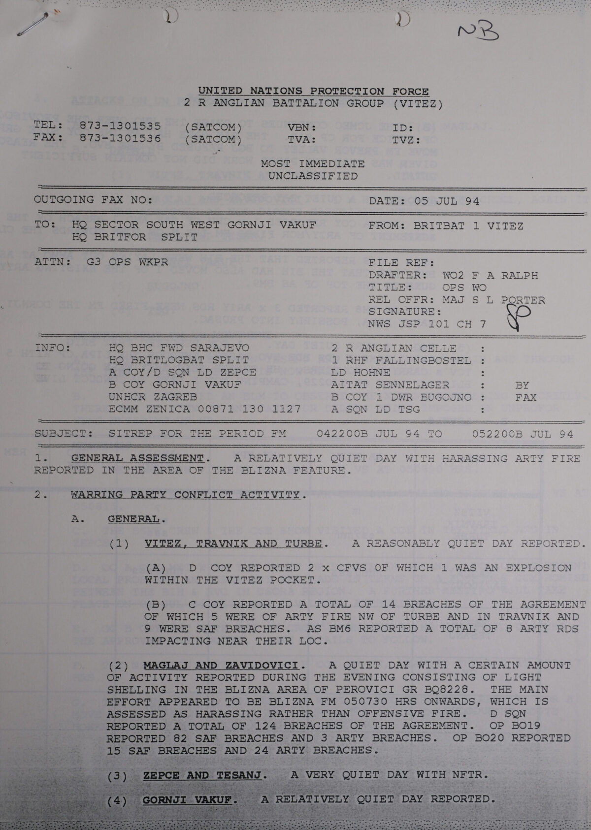 UN Protection Force BRITBAT Vitez Sitrep Military Force Summary document 1994 UN Protection Force BRITBAT Vitez Sitrep Military Force Summary document 1994