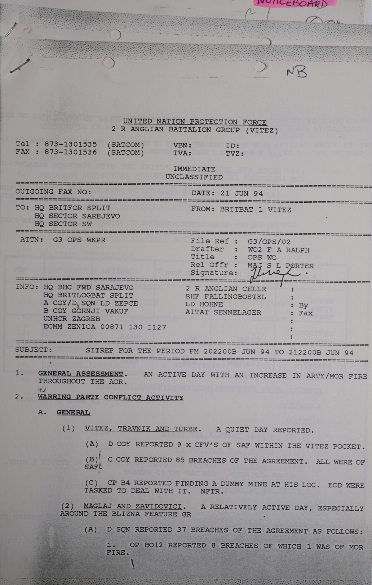 UN Protection Force BRITBAT Vitez Sitrep Military Force Summary document 1994 UN Protection Force BRITBAT Vitez Sitrep Military Force Summary document 1994