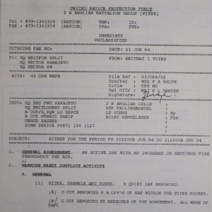 UN Protection Force BRITBAT Vitez Sitrep Military Force Summary document 1994
