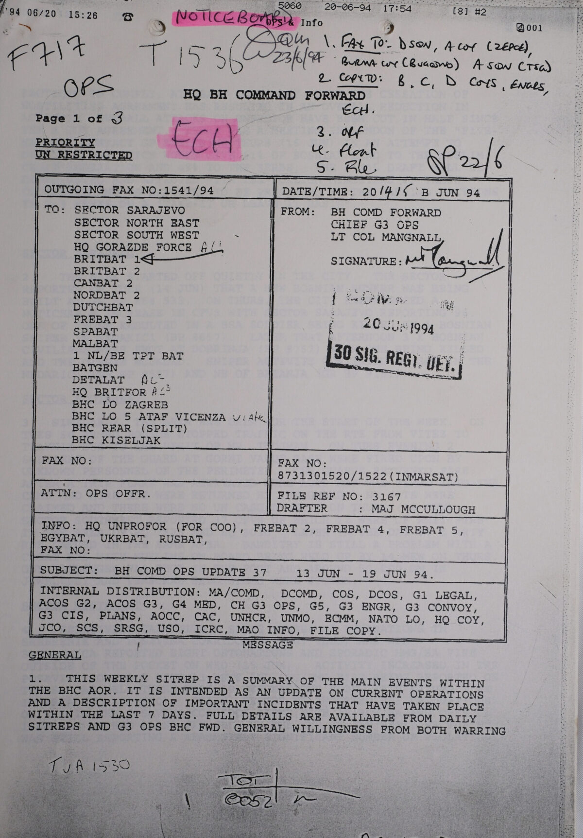 UN Protection Force BRITBAT Vitez Sitrep Military Force Summary document 1994 UN Protection Force BRITBAT Vitez Sitrep Military Force Summary document 1994