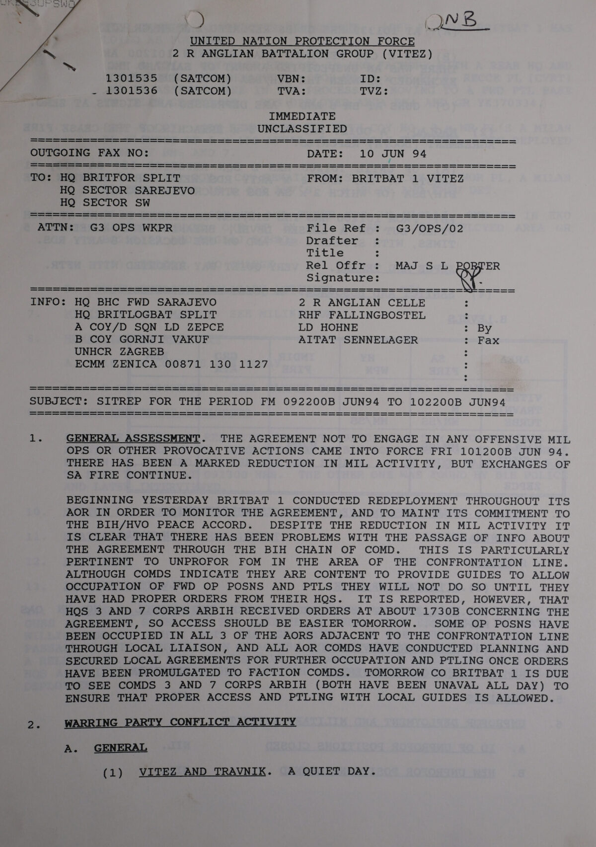 UN Protection Force BRITBAT Vitez Sitrep Military Force Summary document 1994 UN Protection Force BRITBAT Vitez Sitrep Military Force Summary document 1994