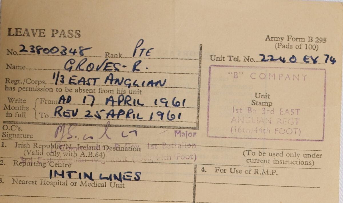 Leave pass 1/3 East Anglian Regiment R Groves - April 1961. Army Form B 295 Leave pass 1/3 East Anglian Regiment R Groves - April 1961. Army Form B 295