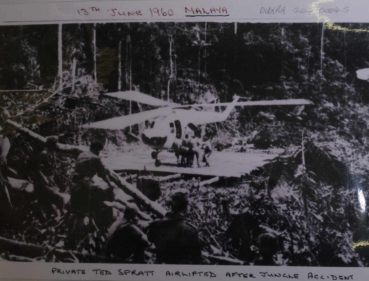 Royal Anglian Regiment in Malaya in 1960. Private Ted Spratt airlifted after accident in Jungle Royal Anglian Regiment in Malaya in 1960. Private Ted Spratt airlifted after accident in Jungle