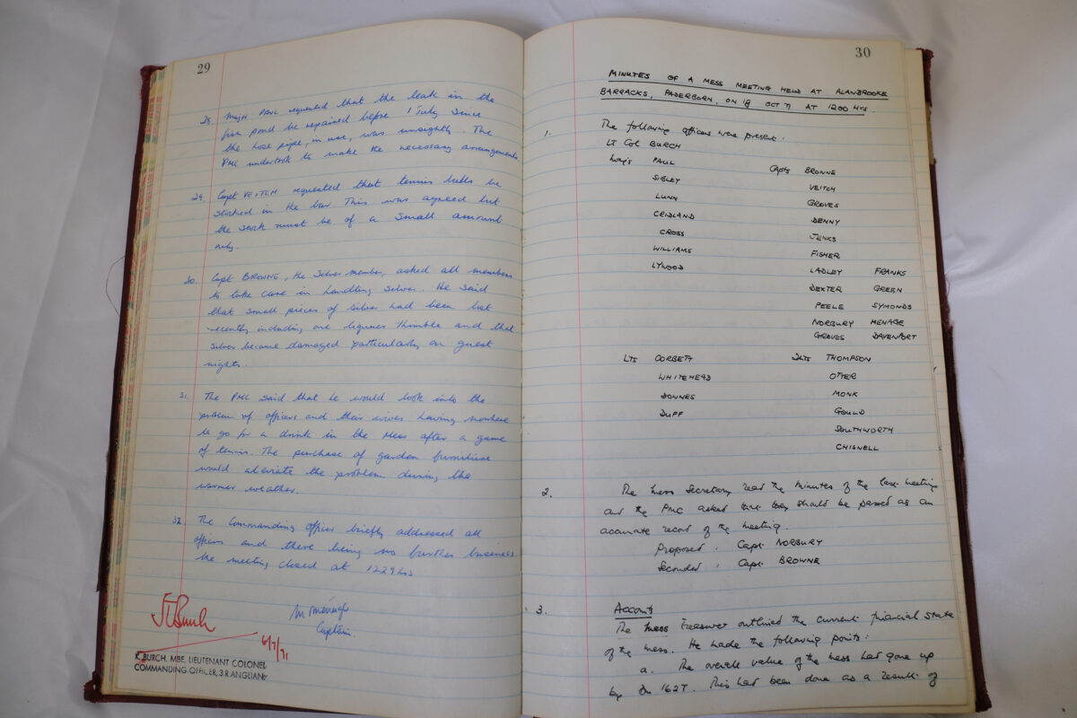 Minutes book from Royal Anglian Regiment Officers Mess Minutes book from Royal Anglian Regiment Officers Mess