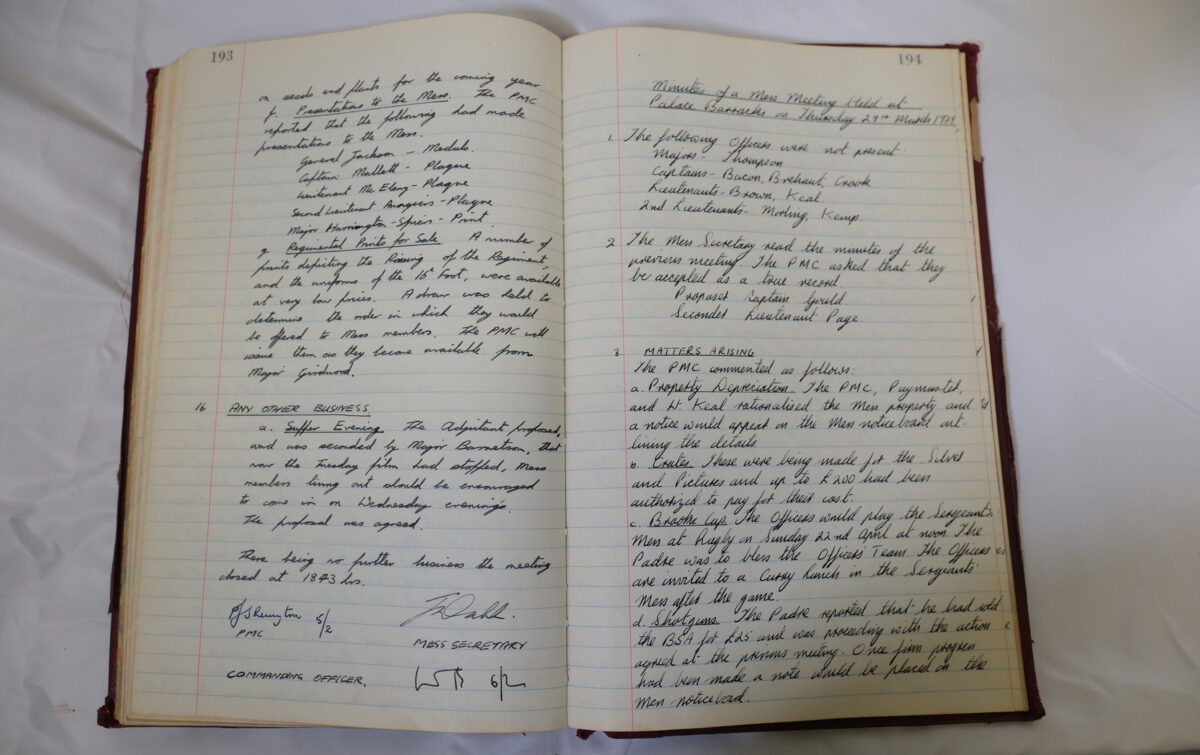 Minutes book from Royal Anglian Regiment Officers Mess Minutes book from Royal Anglian Regiment Officers Mess