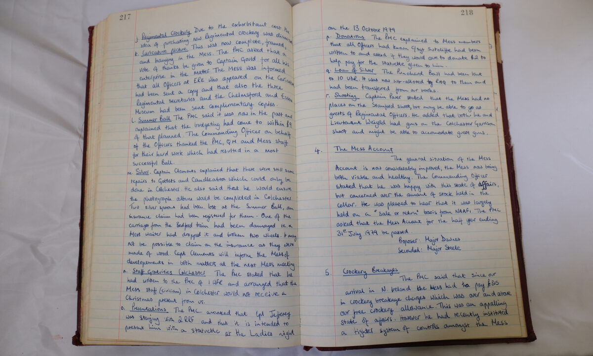 Minutes book from Royal Anglian Regiment Officers Mess