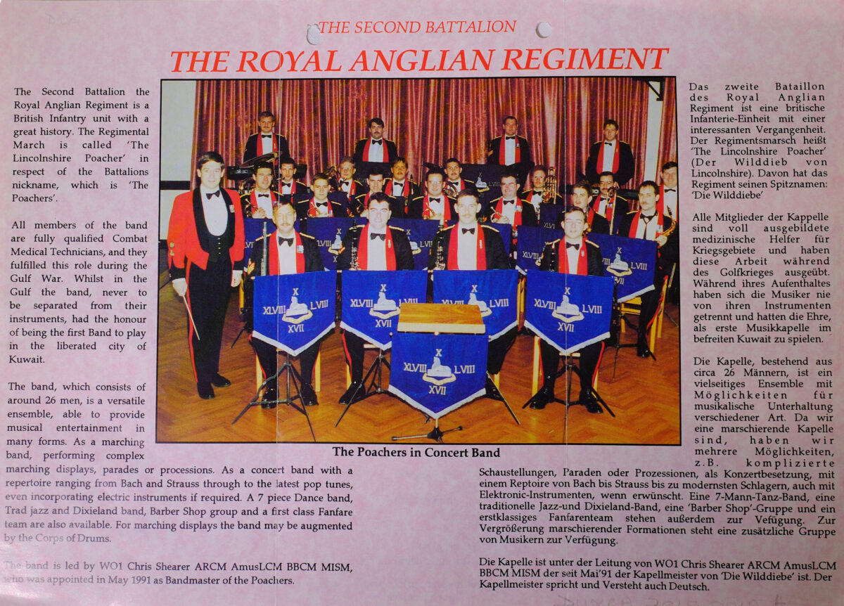 Advertising flyer for the Band of the 2nd Battalion Royal Anglian Regiment - The Poachers Advertising flyer for the Band of the 2nd Battalion Royal Anglian Regiment - The Poachers