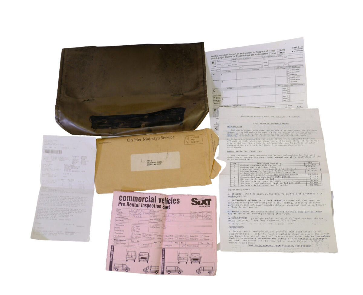 Ministry of Defence UK vehicle document holder and documents