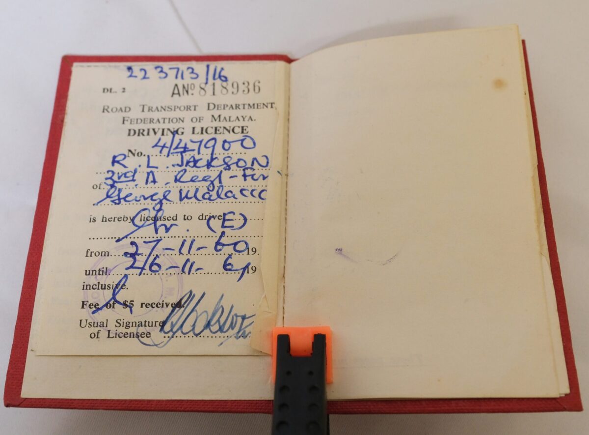Malayan Driving Licence issued to R L Jackson 1960 3rd East Anglian Regiment