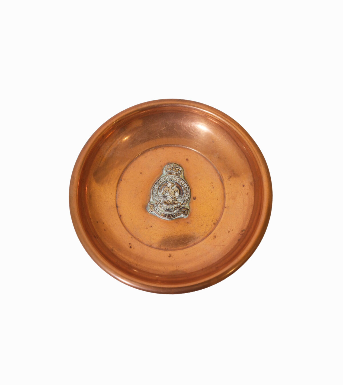 Copper dish with military metal badge marled Unity is Strength Copper dish with military metal badge marled Unity is Strength